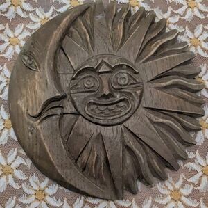 Hand Carved Wooden Aztec Moon & Sun Vintage Incan Aztec sun god wall hanging